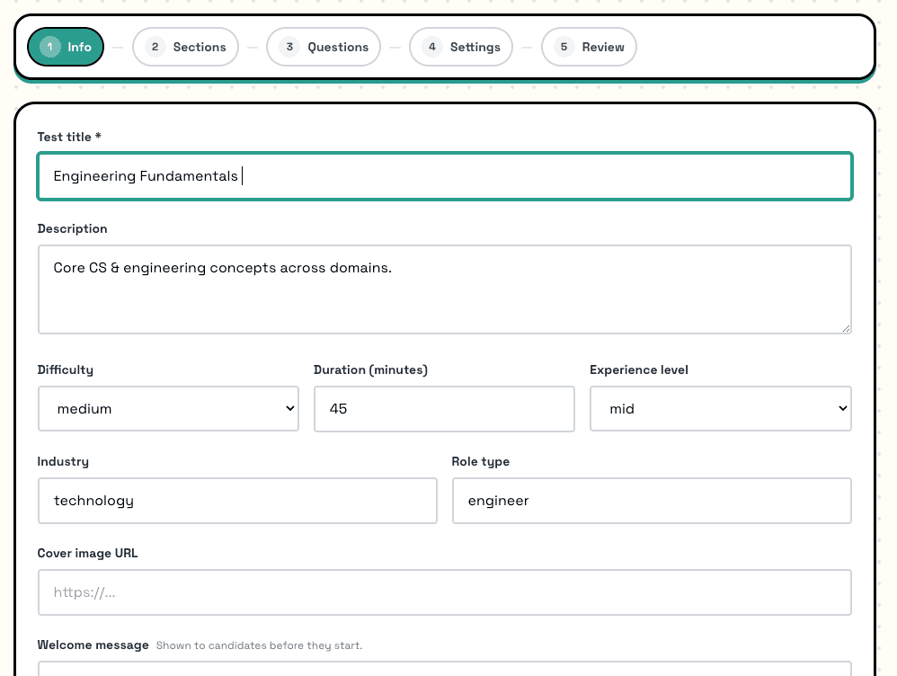 QuikQ test builder, Info step